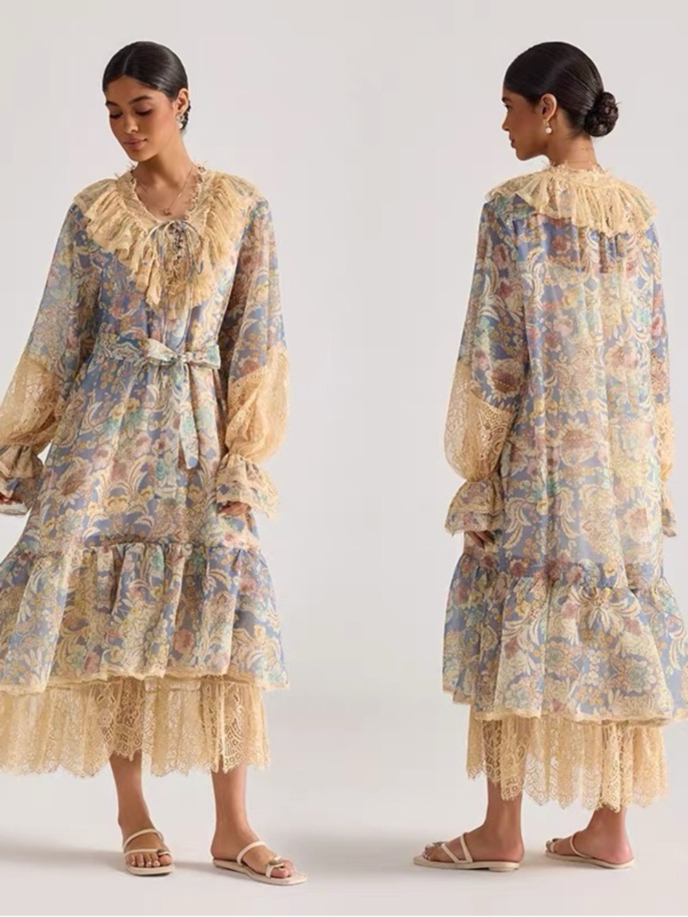 Designer-Style Lace-Trim Midi Dress in Pastel Floral